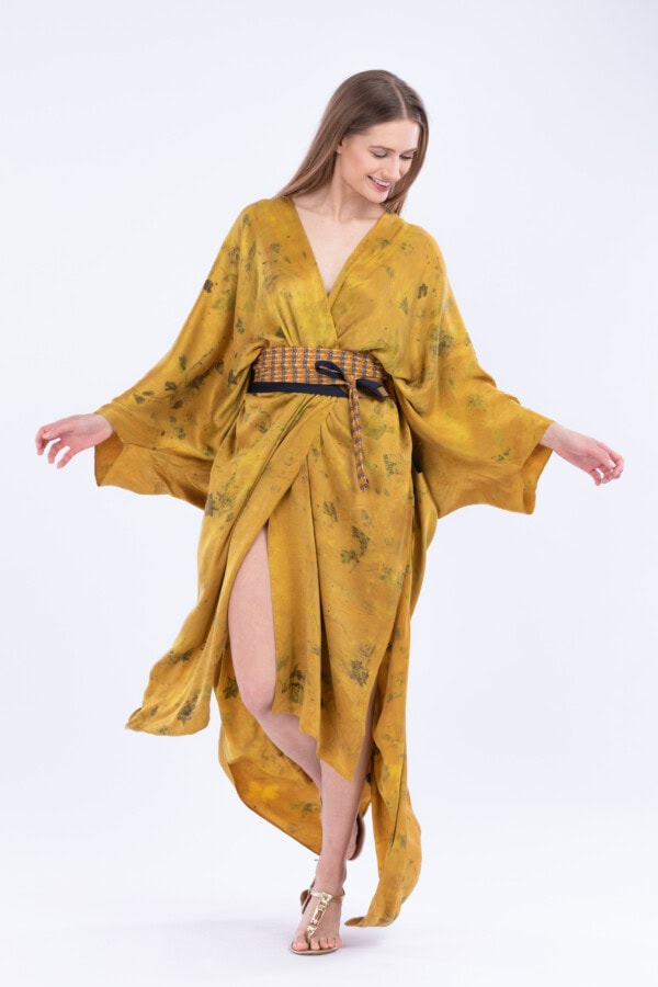 Golden eco-printed silk kimono THEBES 1