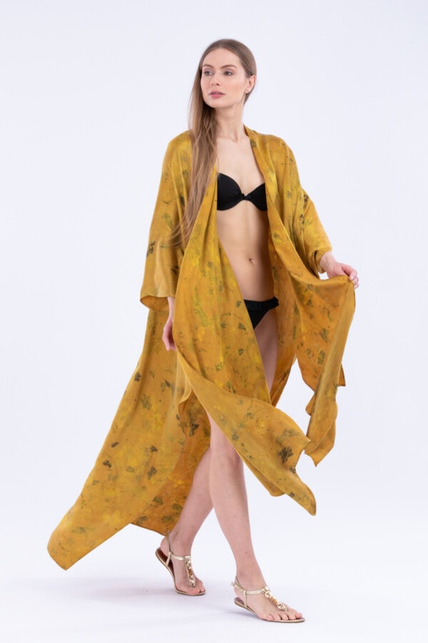 Golden eco-printed silk kimono THEBES 2