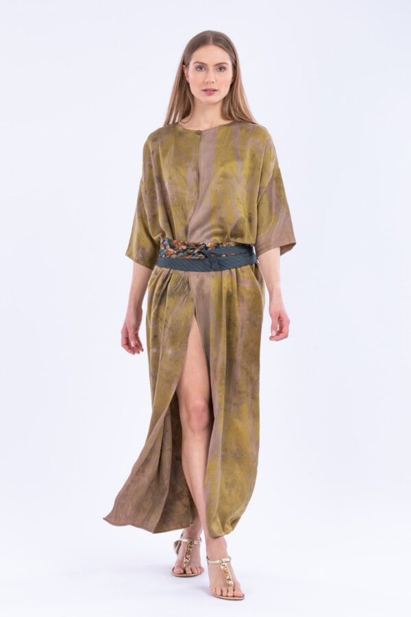 Eco-print silk satin kimono MING 1