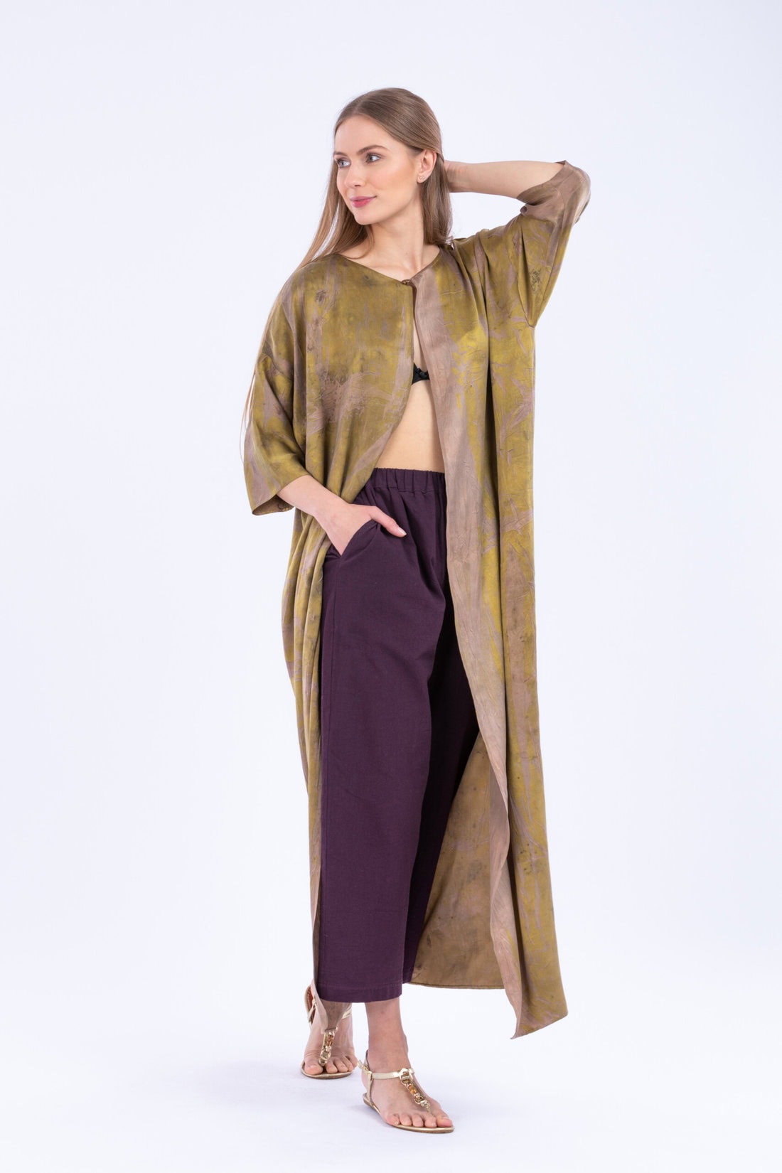 Kimono éco-print en satin de soie MING 2