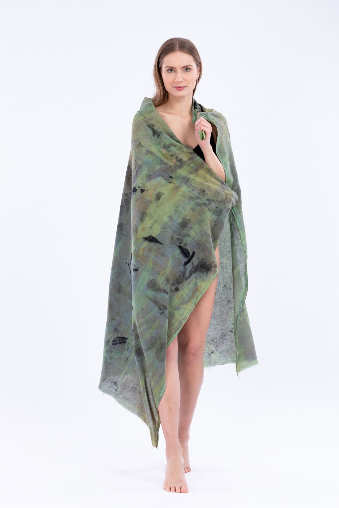 Green eco-printed cotton beach pareo CORFU 3