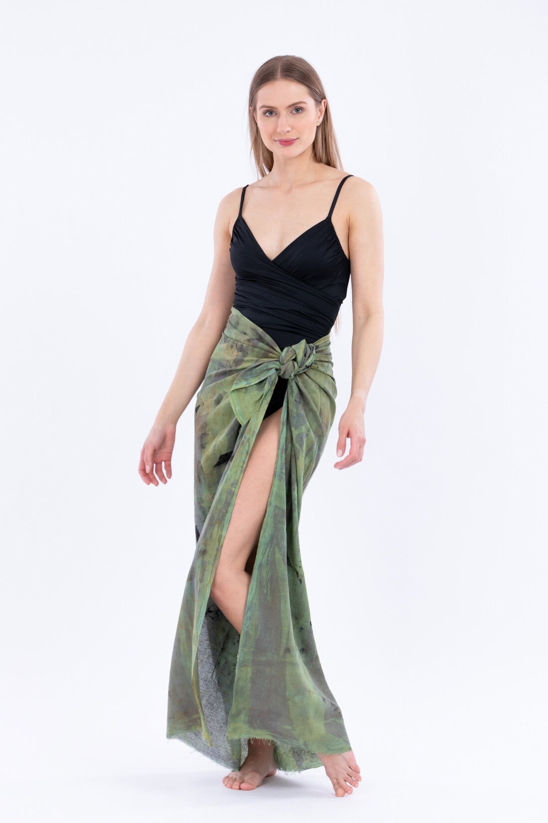 Green eco-printed cotton beach pareo CORFU 4