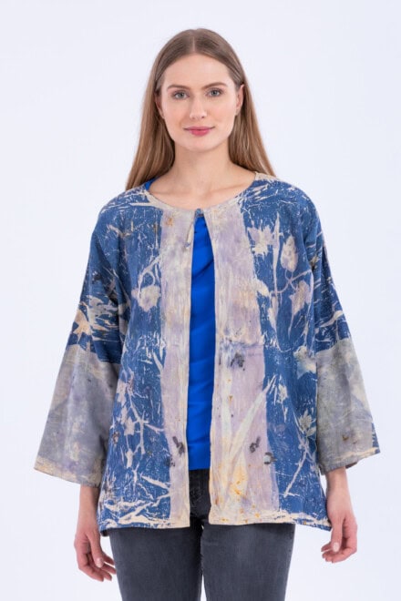 Blue wide eco-printed organic cotton jacket IZA 1