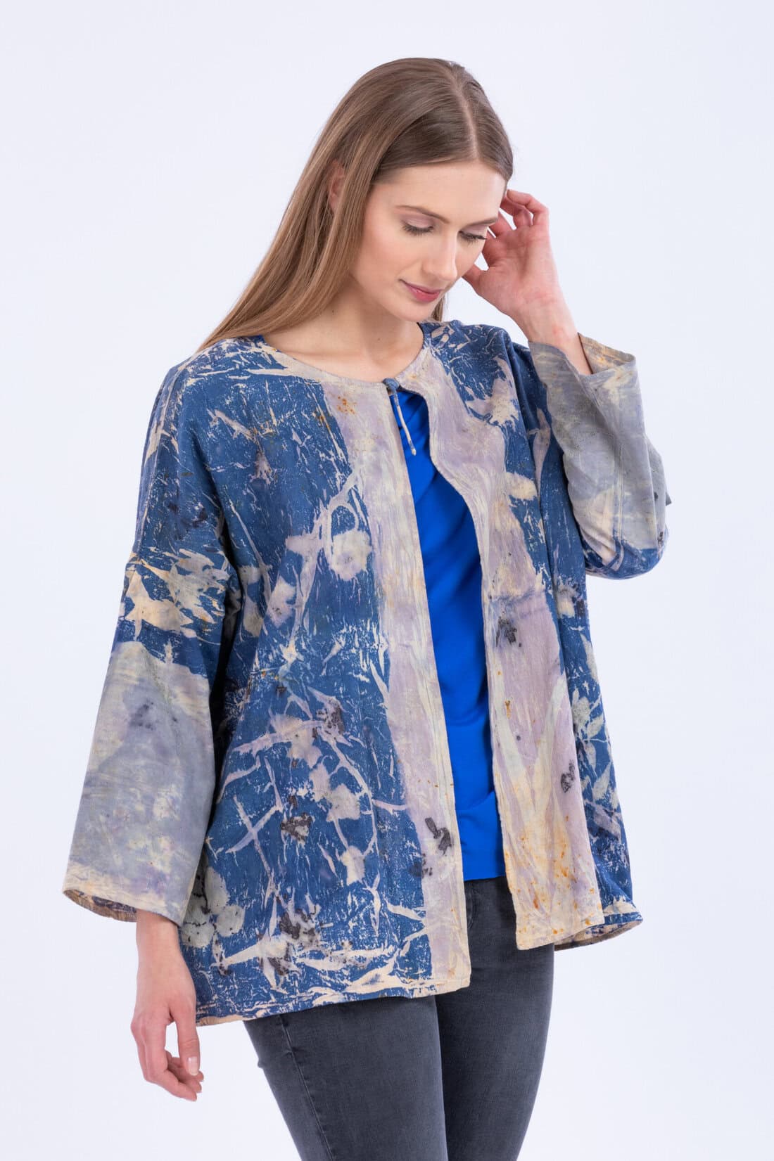 Veste large bleu en coton bio eco-print IZA 2