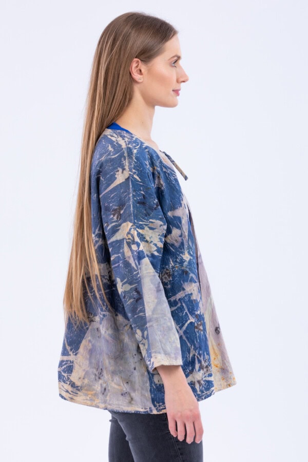 Veste large bleu en coton bio eco-print IZA 3