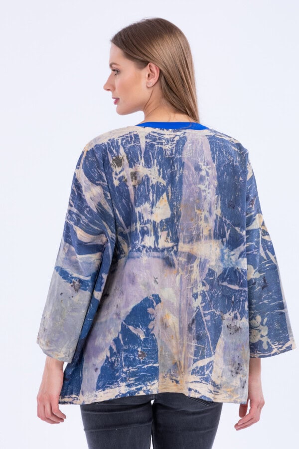 Veste large bleu en coton bio eco-print IZA 4