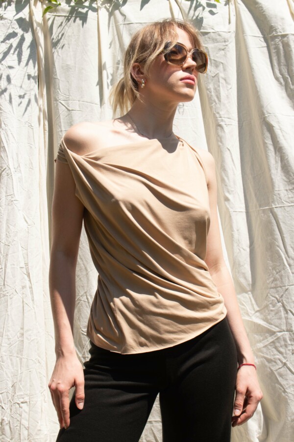 Top beige col drapé bénitier en jersey de viscose pour femme PARISA 5