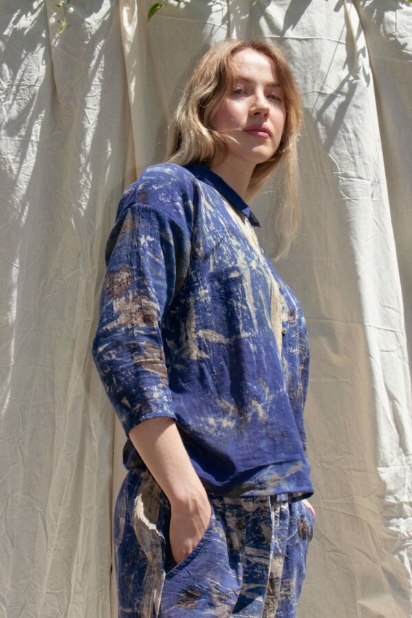 Blue shirt for woman with printed organic cotton RIBAL 3