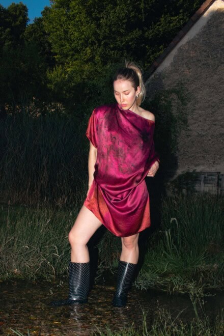 Hand-printed fuchsia silk tunic dress MIMI