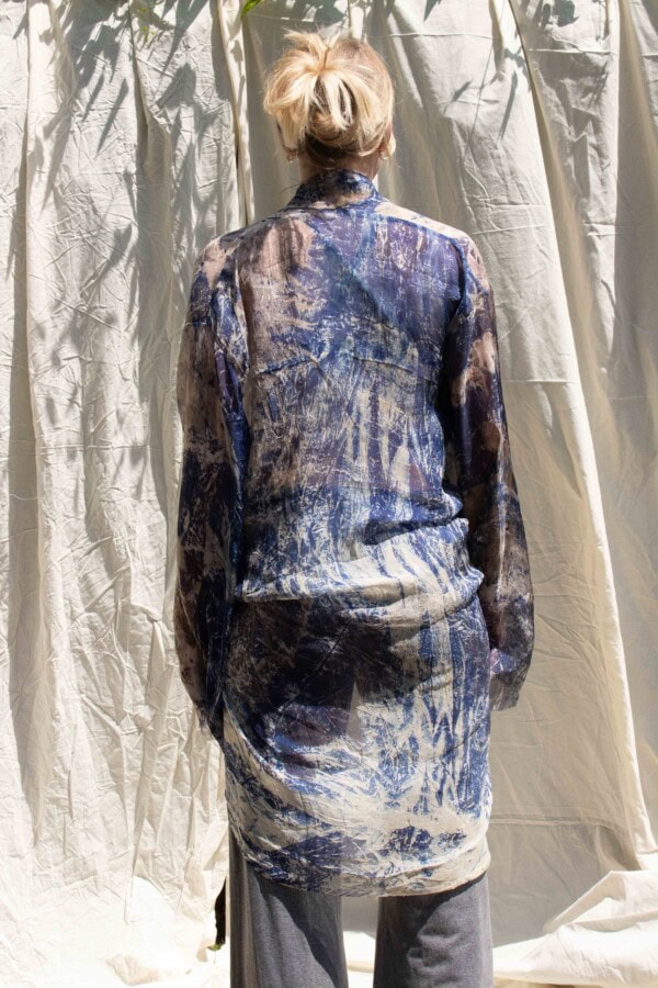 Kimono court bleu en soie imprimé à la main CRETA 3