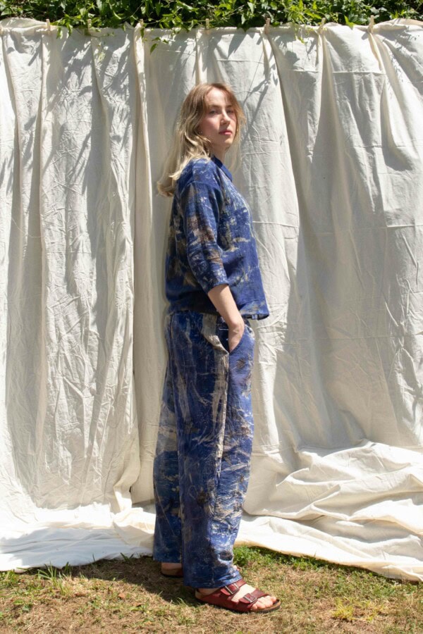 Women's wide leg blue pants printed organic cotton TRIBAL 2