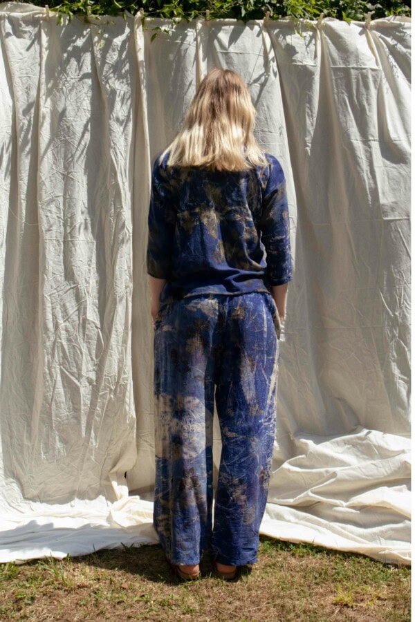 Women's wide leg blue pants printed organic cotton TRIBAL 4