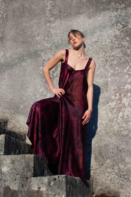 Hand-printed silk satin flared long dress GAIA