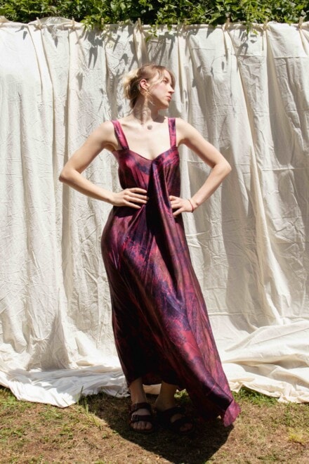Robe longue evasée en soie imprimée à la main GAIA 1