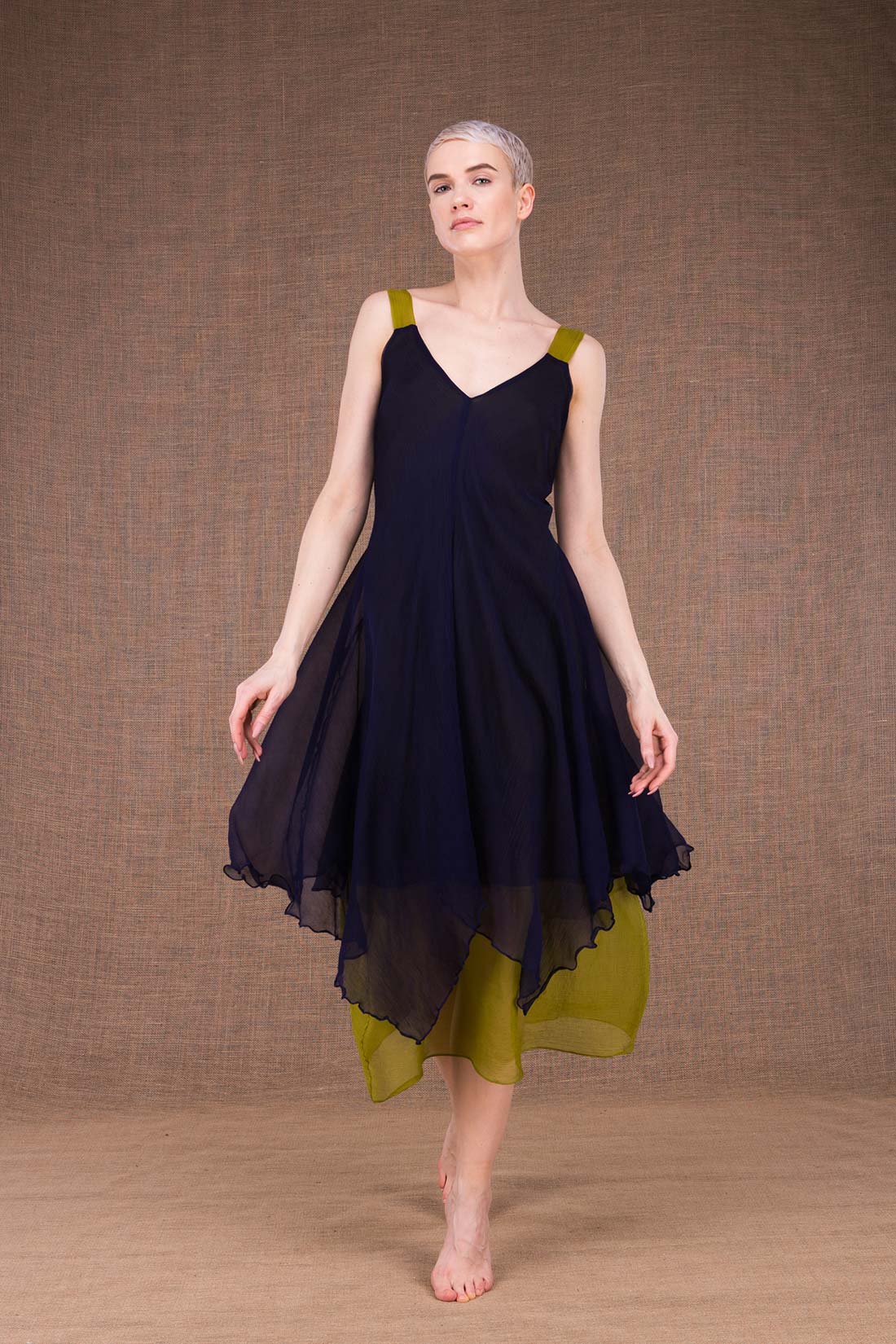 Jade robe bleu-cobalt / pistache en soie - 1